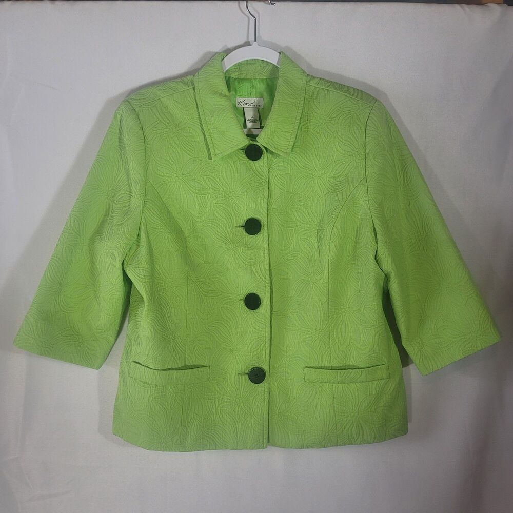 Kim Rogers Lime Green Floral Jacquard Blazer Jacket Women's Size 14 3/4 Sleeve